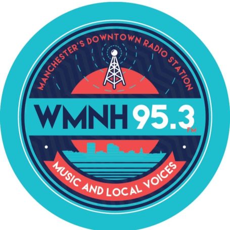 WMNH 95.3 logo featuring a radio tower and text about local music and voices.