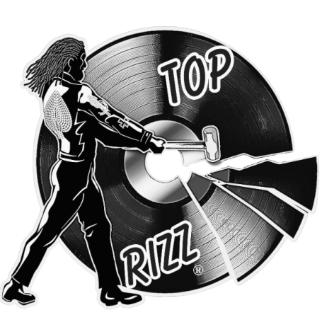A person breaking a vinyl record labeled "TOP RIZZ."